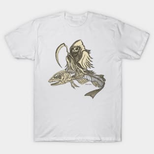 Dark Skeleton Knight with Fish Skeleton Vehicle in a Scary Night T-Shirt